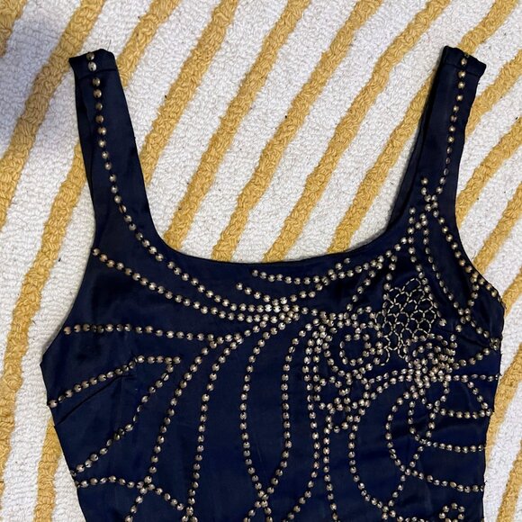 Badgely Mischka Navy Blue Silk Minidress with Gold Embellishments - Picture 3 of 7